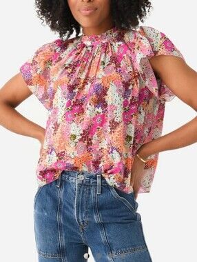 TROVATA Birds Of Paradise Carla Blouse In Pink Floral Flutter Sleeve SZ Medium